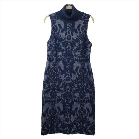 Maeve Anthropology Midi Sweater Dress Sz 8P Ryder Jacquard Turtleneck Navy Blue - Picture 2 of 12